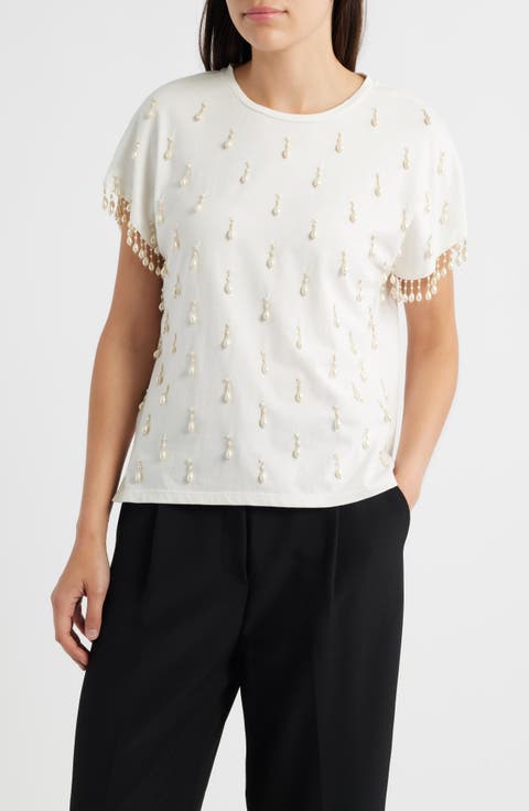 Carmel Faux Pearl Accent Cotton T-Shirt