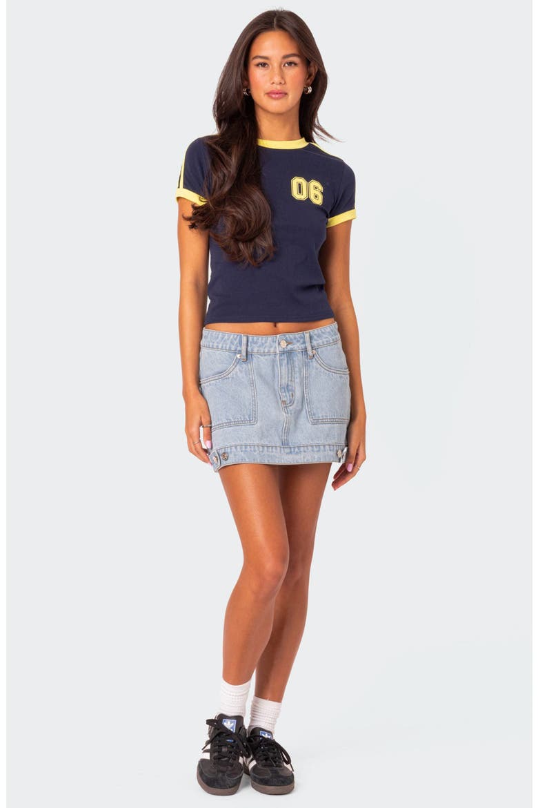 Foxx Low Rise Patch Pocket Denim Miniskirt, Alternate, color, LIGHT-BLUE