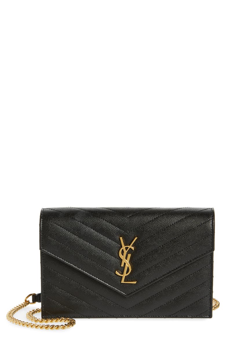 Saint Laurent Cassandre Matelassé Leather Envelope Wallet on a Chain, Main, color, 