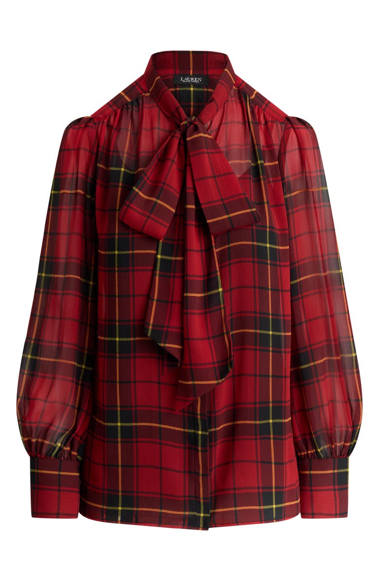 Lauren Ralph Lauren Plaid Tie Neck Chiffon Top, Alternate, color,