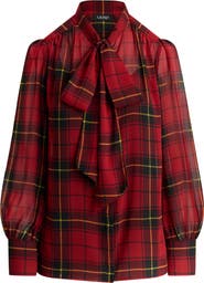 Lauren Ralph Lauren Plaid Tie Neck Chiffon Top