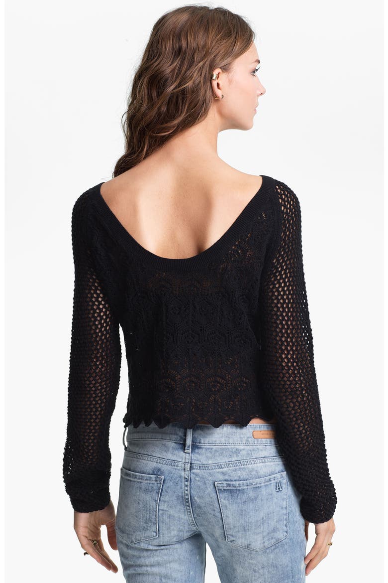 Frenchi® Mix Knit Crochet Sweater, Alternate, color, BLACK