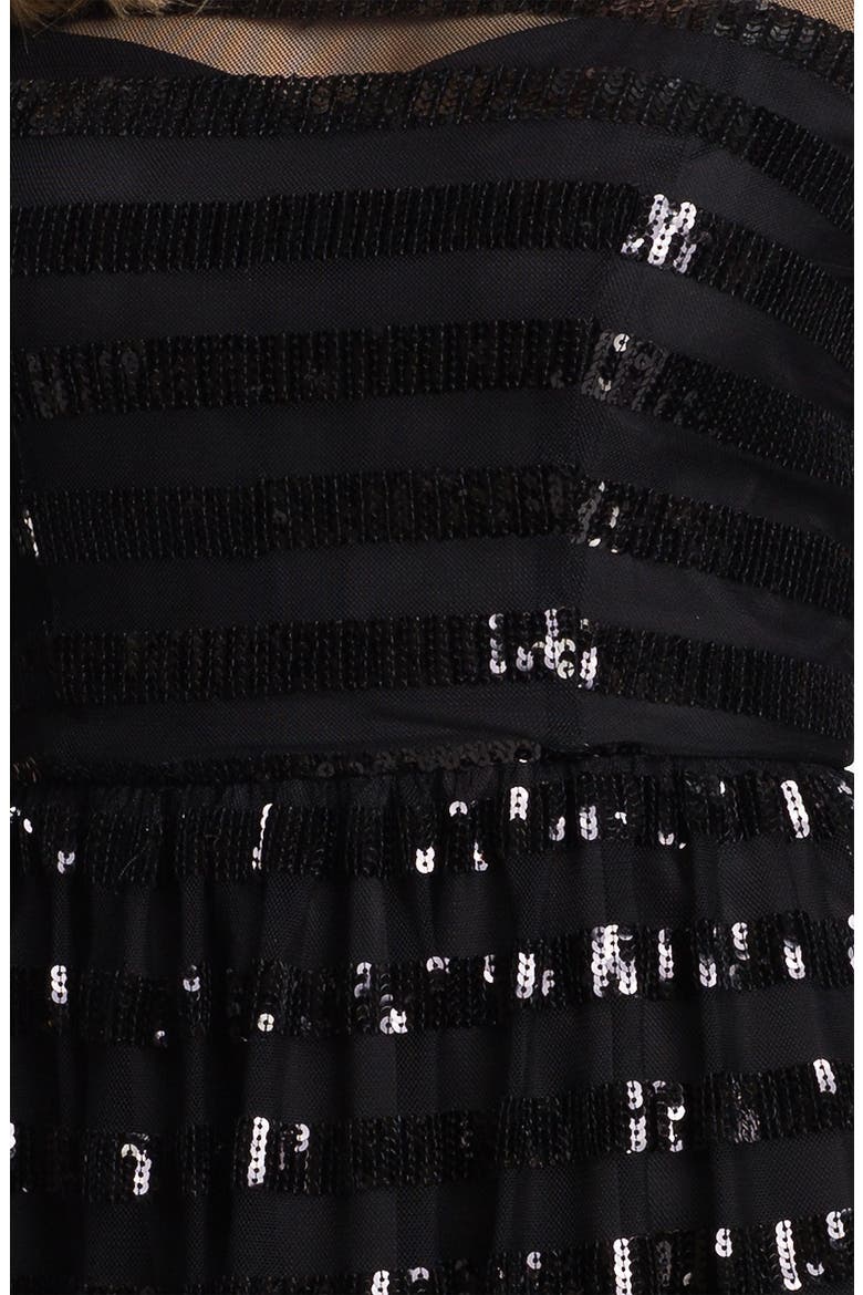 Sequin Stripe Overlay Fit & Flare Mesh Dress, Alternate, color, BLACK
