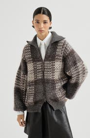 Brunello Cucinelli Dazzling tartan double knit outerwear jacket in mohair, virgin wool and cashmere with shiny zipper pull