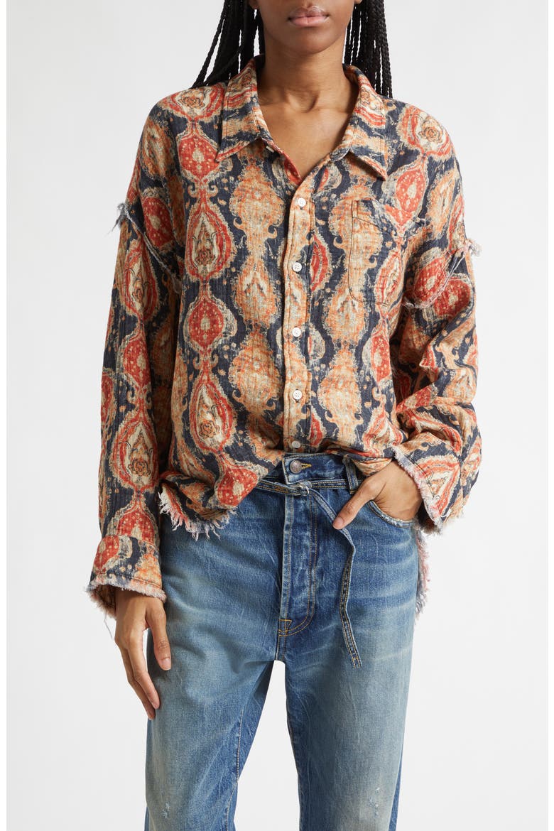 Shredded Seam Drop Neck Cotton Gauze Button-Up Shirt, Main, color, ORANGE DARK NAVY MULTICOLOR