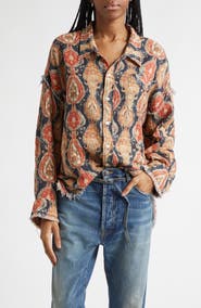 R13 Shredded Seam Drop Neck Cotton Gauze Button-Up Shirt