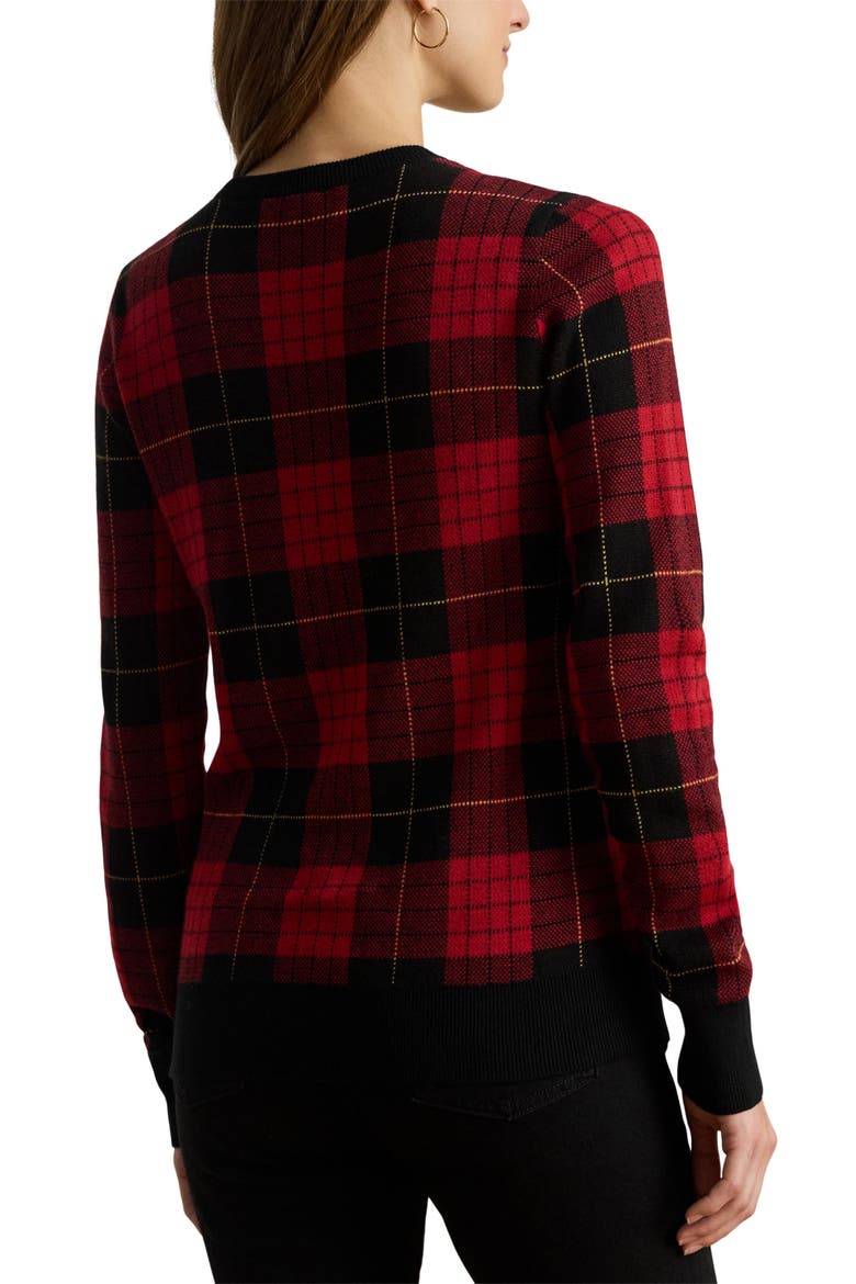 Plaid Crewneck Cotton Blend Sweater, Alternate, color, BLACK/ RED MULTI