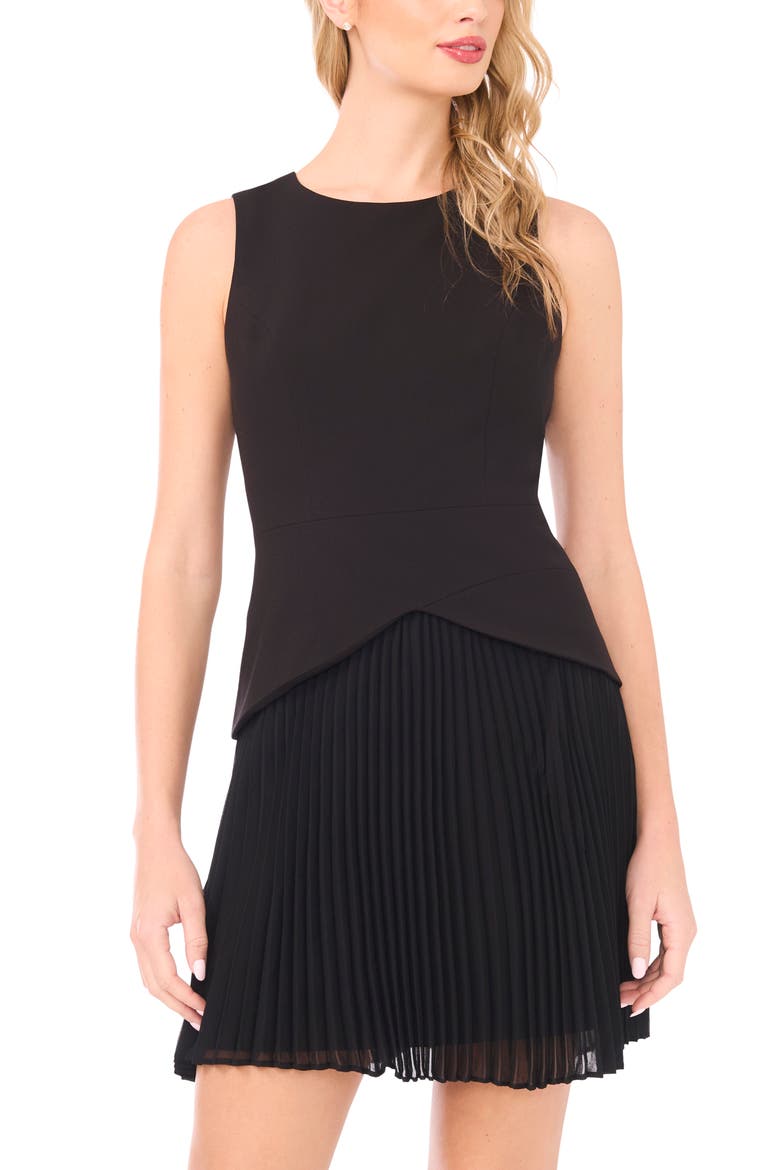 Sleeveless Pleated Skirt Mixed Media Minidress, Alternate, color, RICH BLACK