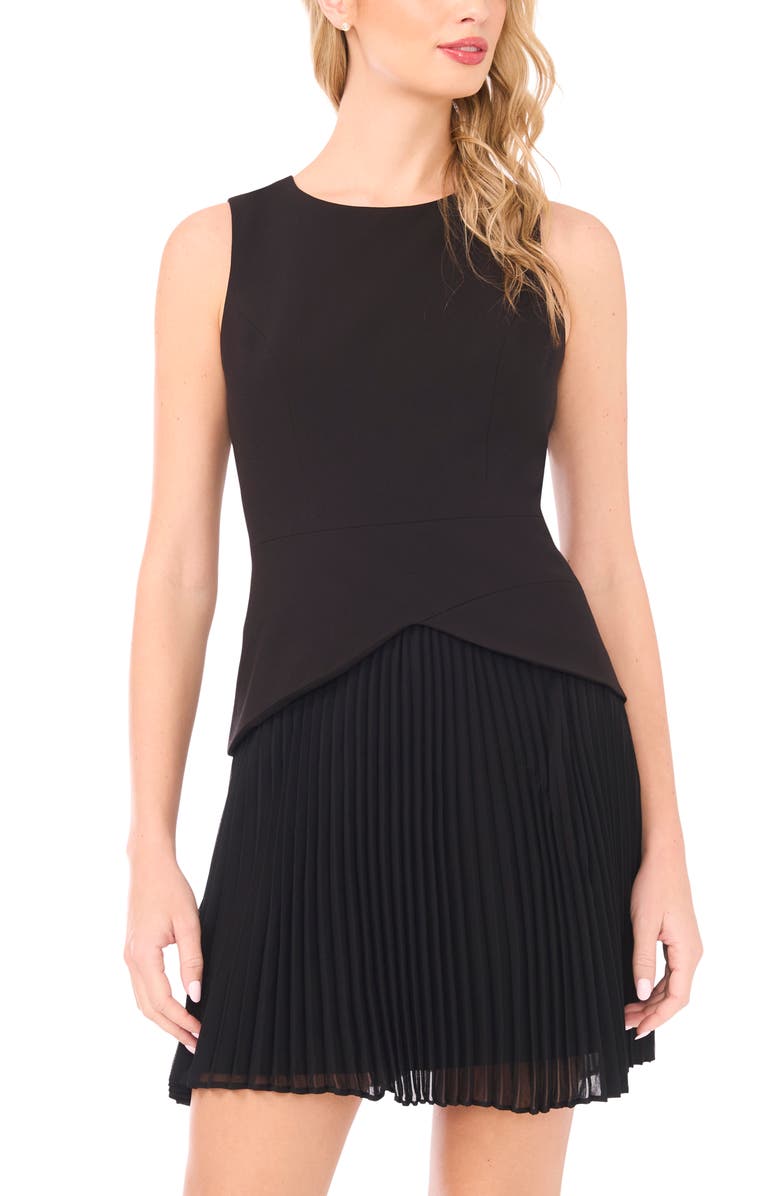 Halogen<sup>®</sup> Sleeveless Pleated Skirt Mixed Media Minidress, Alternate, color, Rich Black