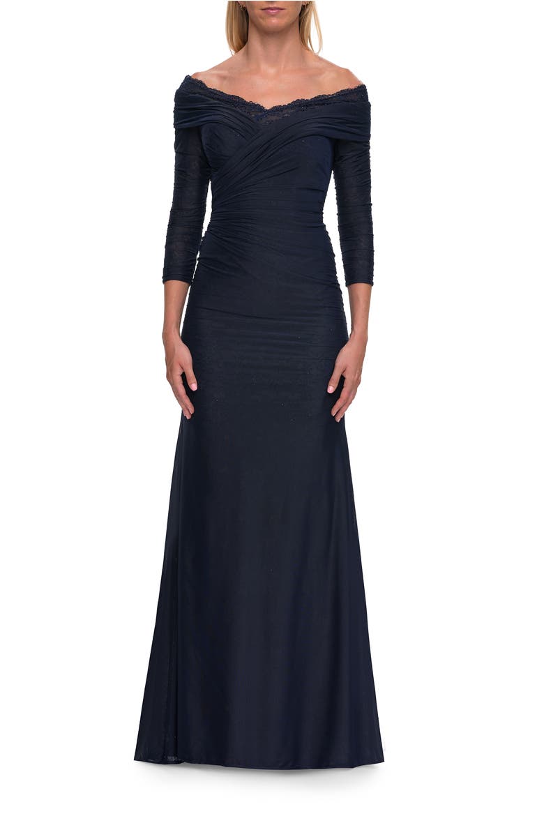 Off-the-Shoulder Three-Quarter Sleeve Gown, Main, color, Navy