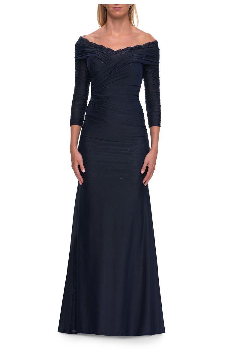 La Femme Off-the-Shoulder Three-Quarter Sleeve Gown, Main, color, Navy