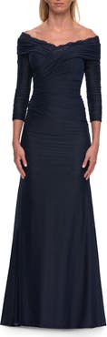 La Femme Off-the-Shoulder Three-Quarter Sleeve Gown