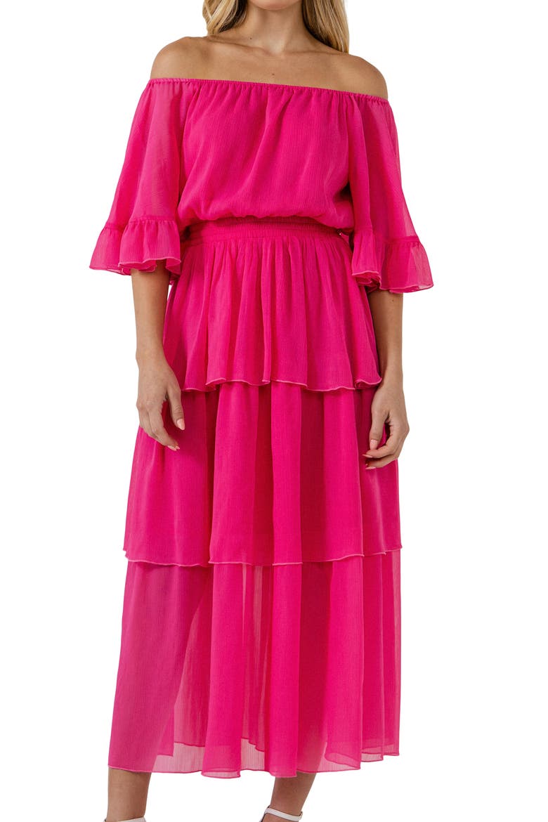 Off the Shoulder Tiered Chiffon Dress, Alternate, color, FUCHSIA