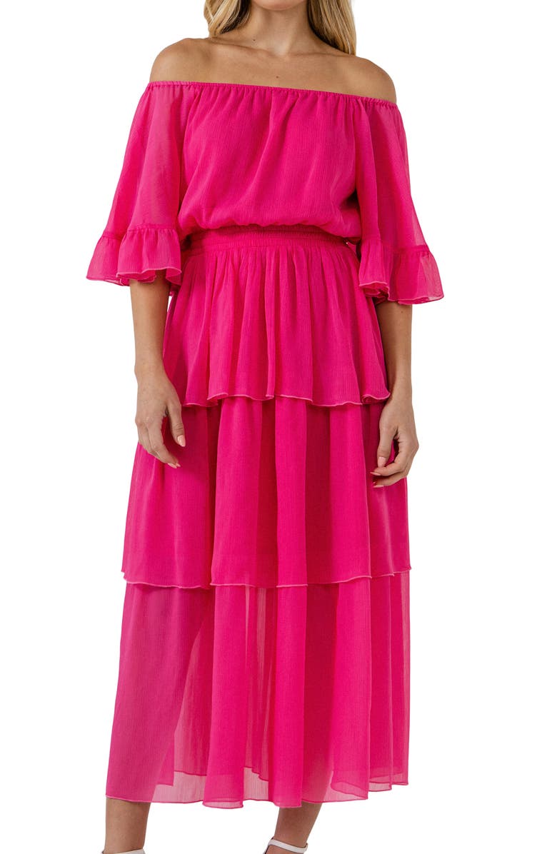 Endless Rose Off the Shoulder Tiered Chiffon Dress, Alternate, color, 