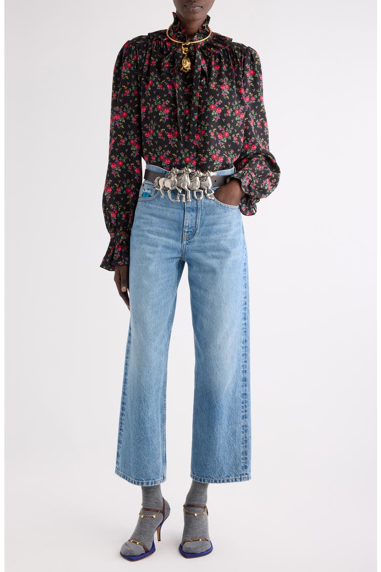 Print Silk Crêpe de Chine Button-Up Shirt, Alternate, color, MULTI COLOR BLACK