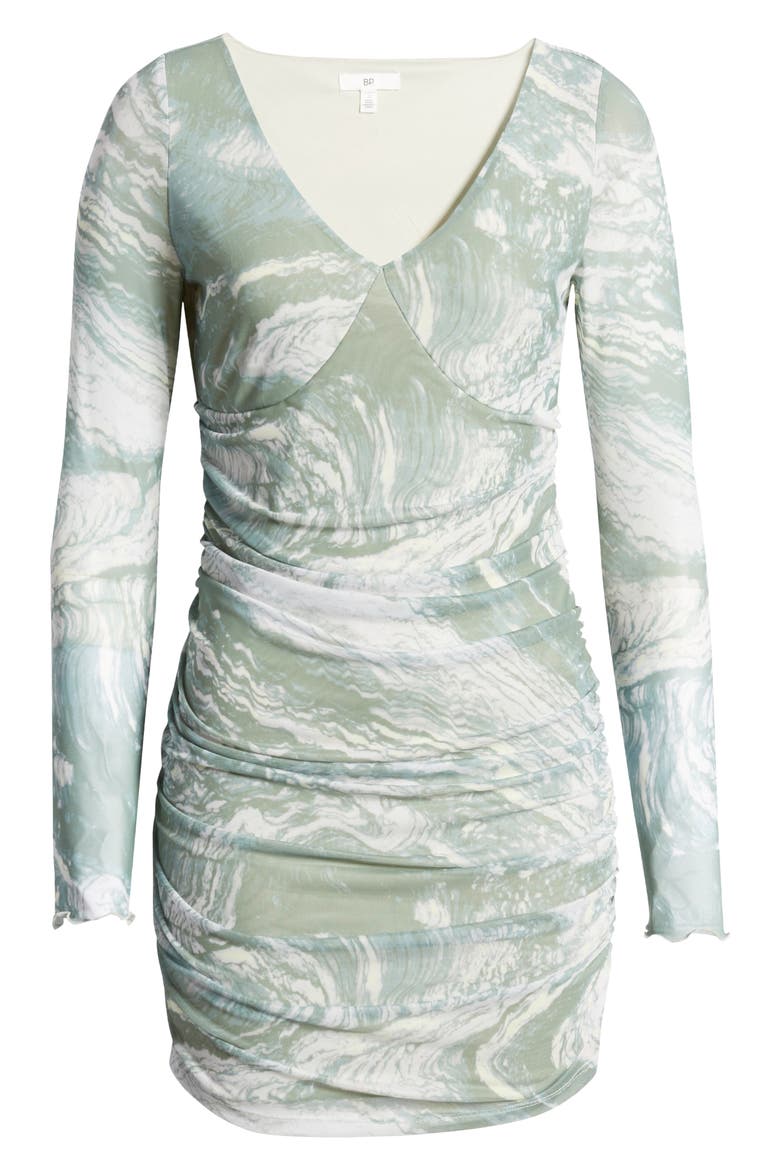 Ruched Long Sleeve Body-Con Dress, Alternate, color, GREEN- PURPLE AURA AO