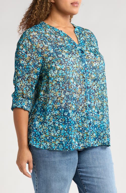 Kut From The Kloth Jasmine Roll Sleeve Top In Potenza Navy Aqua