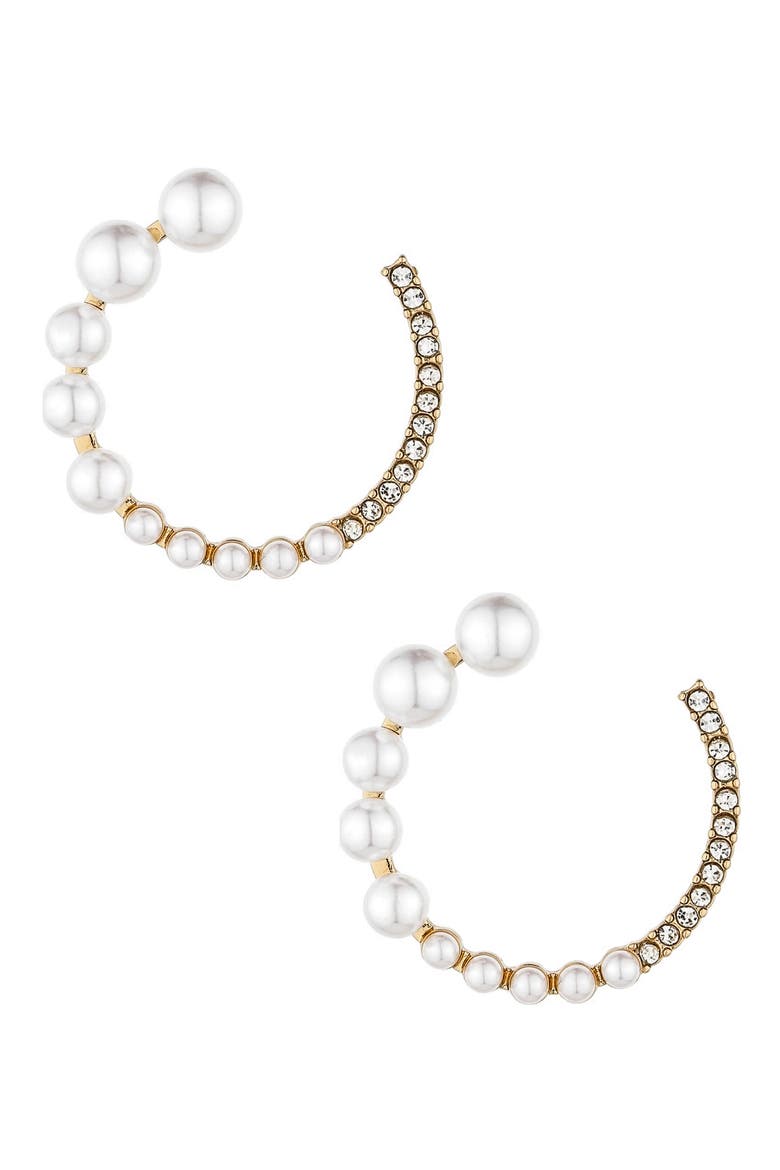 Crystal & Imitation Pearl Frontal Hoop Earrings, Main, color, GOLD