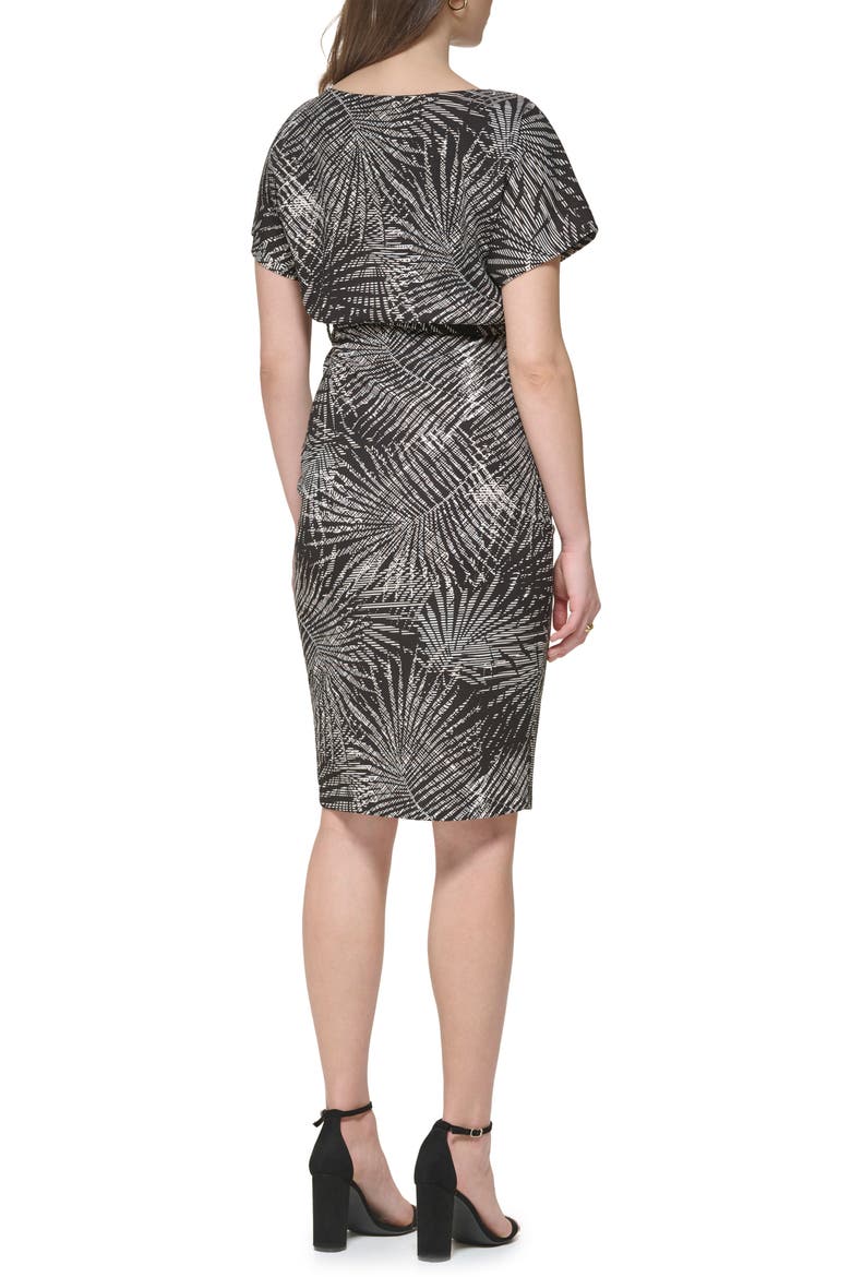 Palm Print Blouson Sheath Dress, Alternate, color, BLACK MULTI