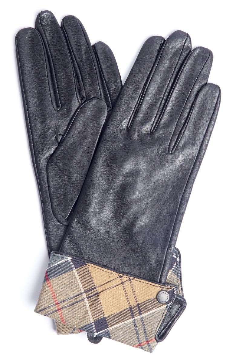 Barbour Lady Jane Tartan Cuff Leather Gloves, Main, color, Black/Dress Tartan