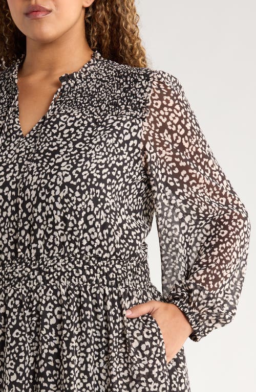 Gibsonlook The Leyla Print Smocked Long Sleeve Maxi Dress In Gray