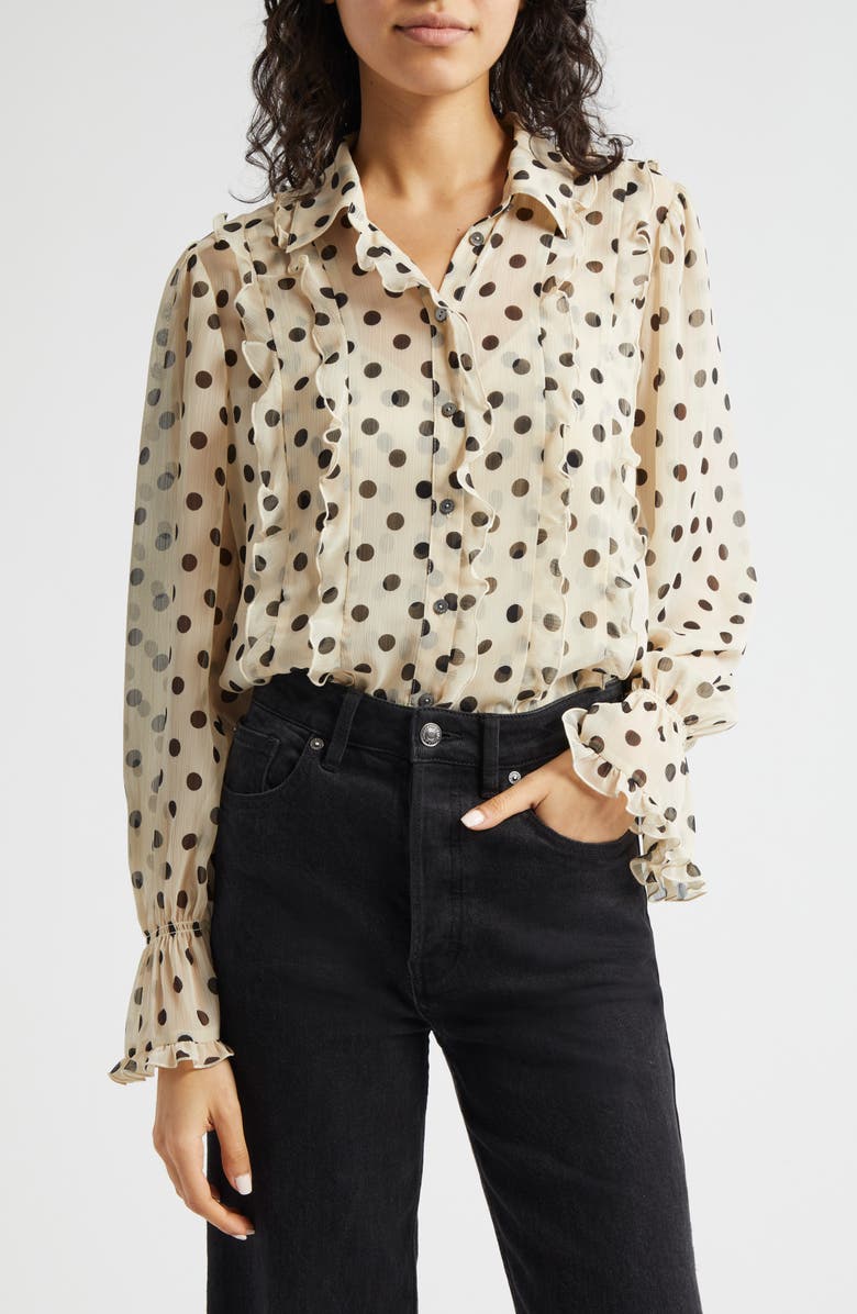 Cinq à Sept Estelle Polka Dot Button-Up Shirt, Main, color, Gardenia/ Black