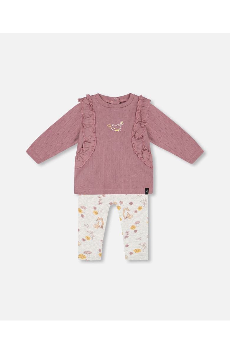 Deux par Deux Baby Girl's Organic Cotton Pointelle Top And Printed Leggings Set Woodrose With Fox, Main, color, 