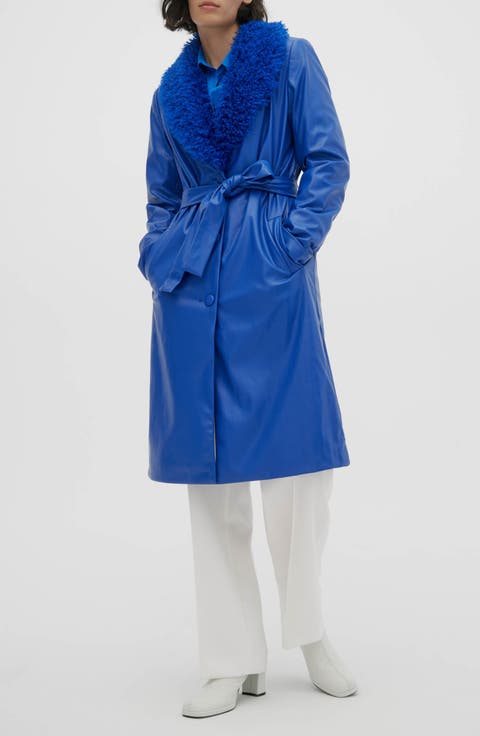 Tezza Faux Leather Trench with Faux Shearling Collar