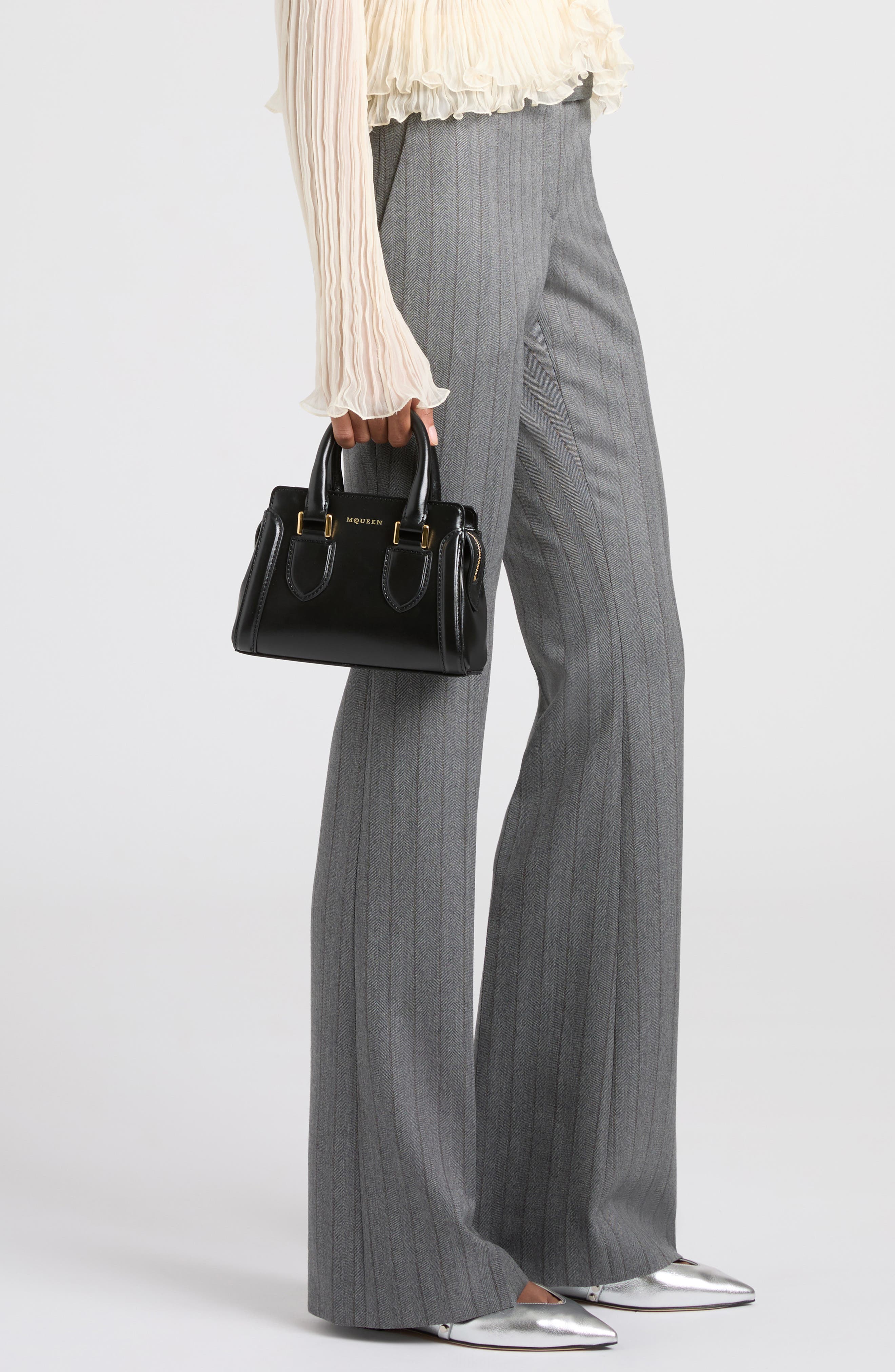 McQueen Mini Birdee Leather Top Handle Bag, Alternate, color, Black/ Gold