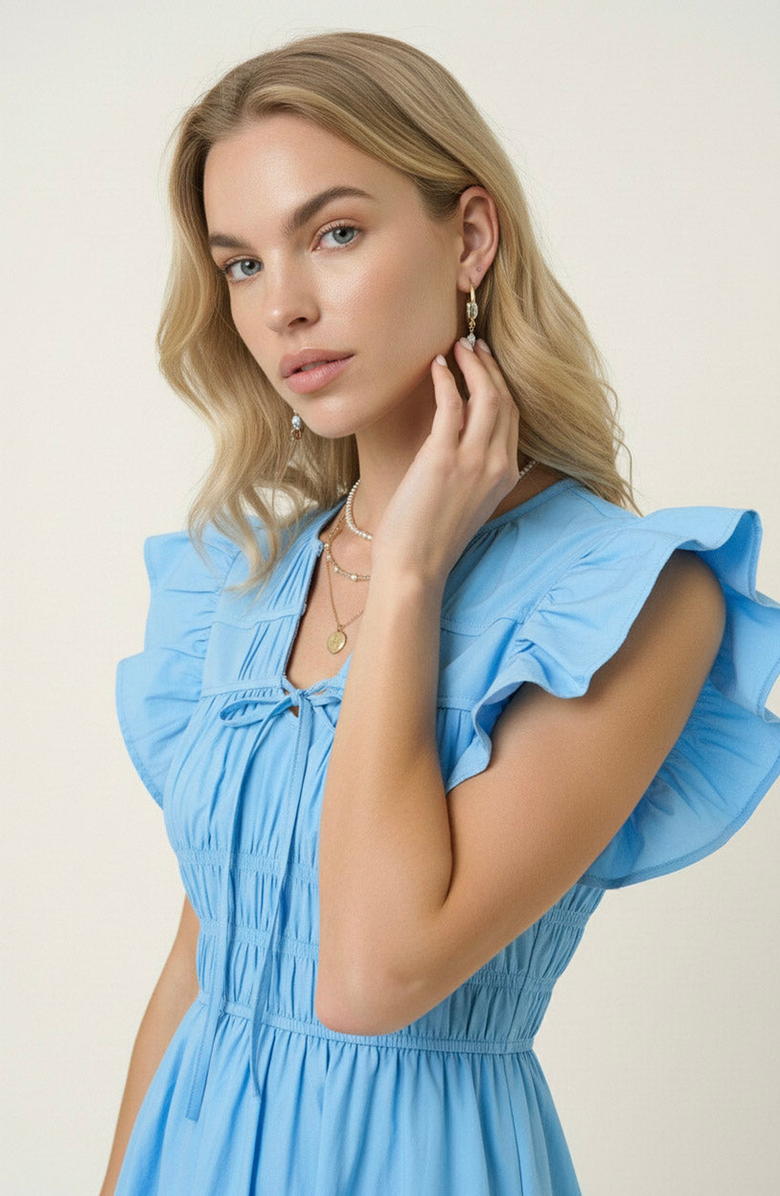 Modenaire Smocked Mini Dress with Ruffle Sleeves and Front Tie Detail, Alternate, color, Blue