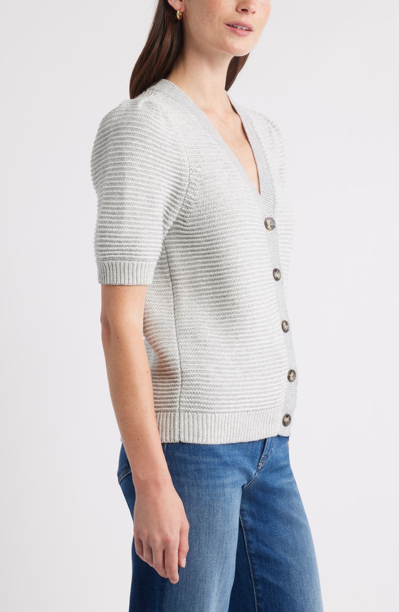 Caslon<sup>®</sup> Links Puff Sleeve Wool Blend Cardigan, Alternate, color, Grey Heather- Ivory Stripe