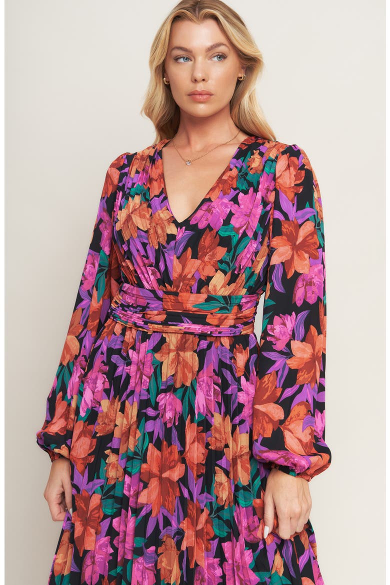 Floral Billowy Sleeve Midi Dress, Alternate, color, BLACK/ RED MULTI