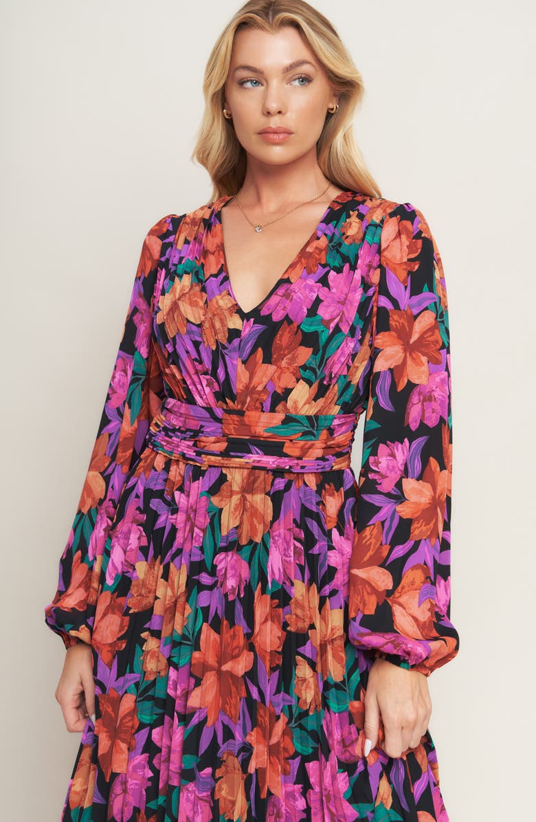 FLYING TOMATO Floral Billowy Sleeve Midi Dress, Alternate, color, Black/ Red Multi