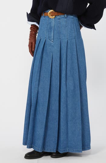 Opunzia Pleated Denim Maxi Skirt