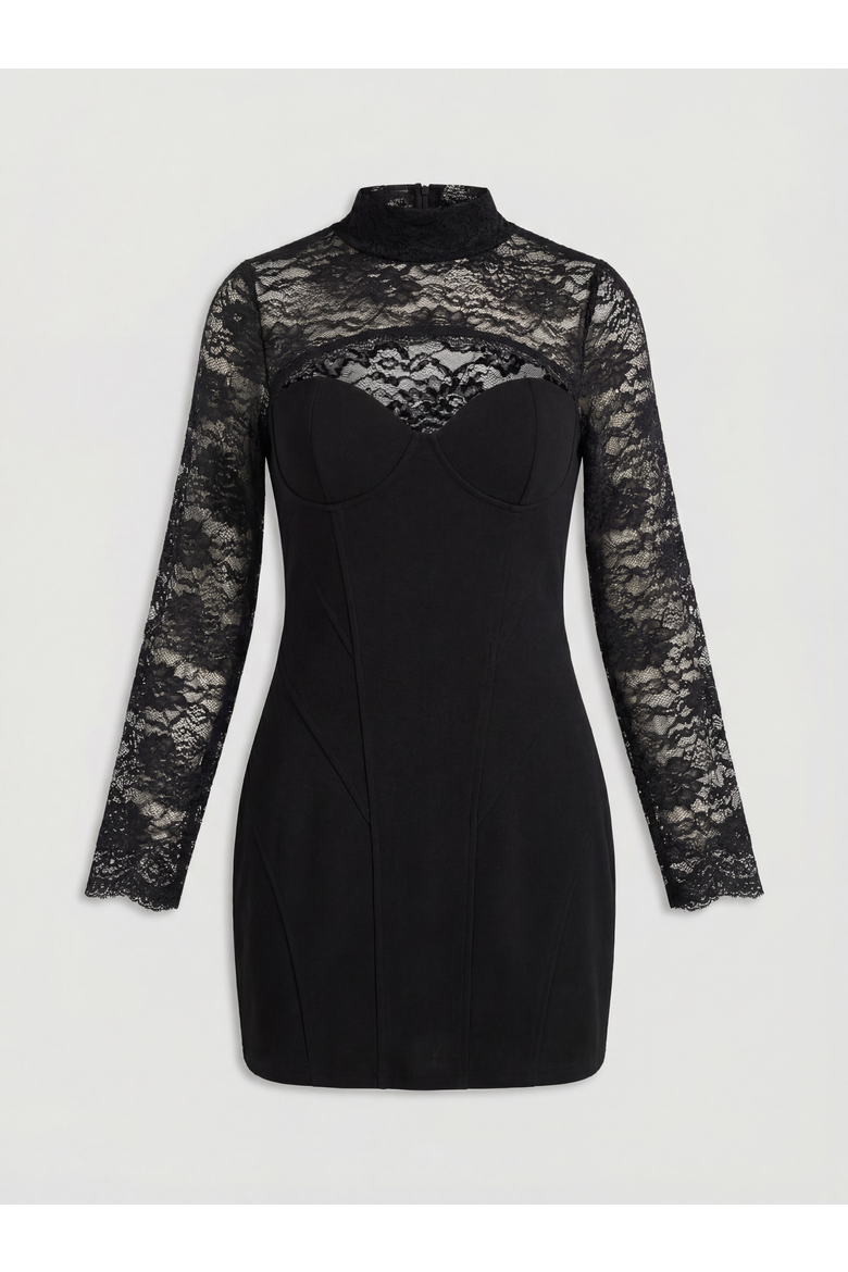 Premium Lace Bonded Mini Corset Dress, Alternate, color, Black