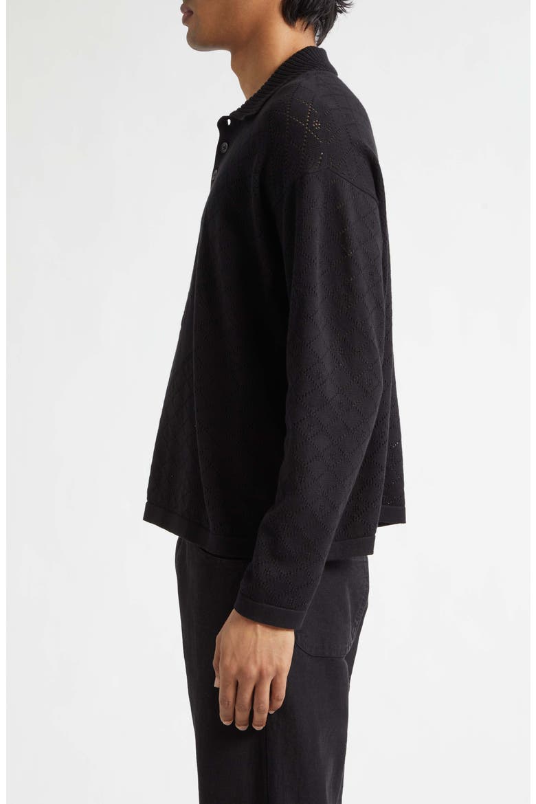 Anisette Floral Pointelle Stitch Cotton Polo Sweater, Alternate, color, BLACK