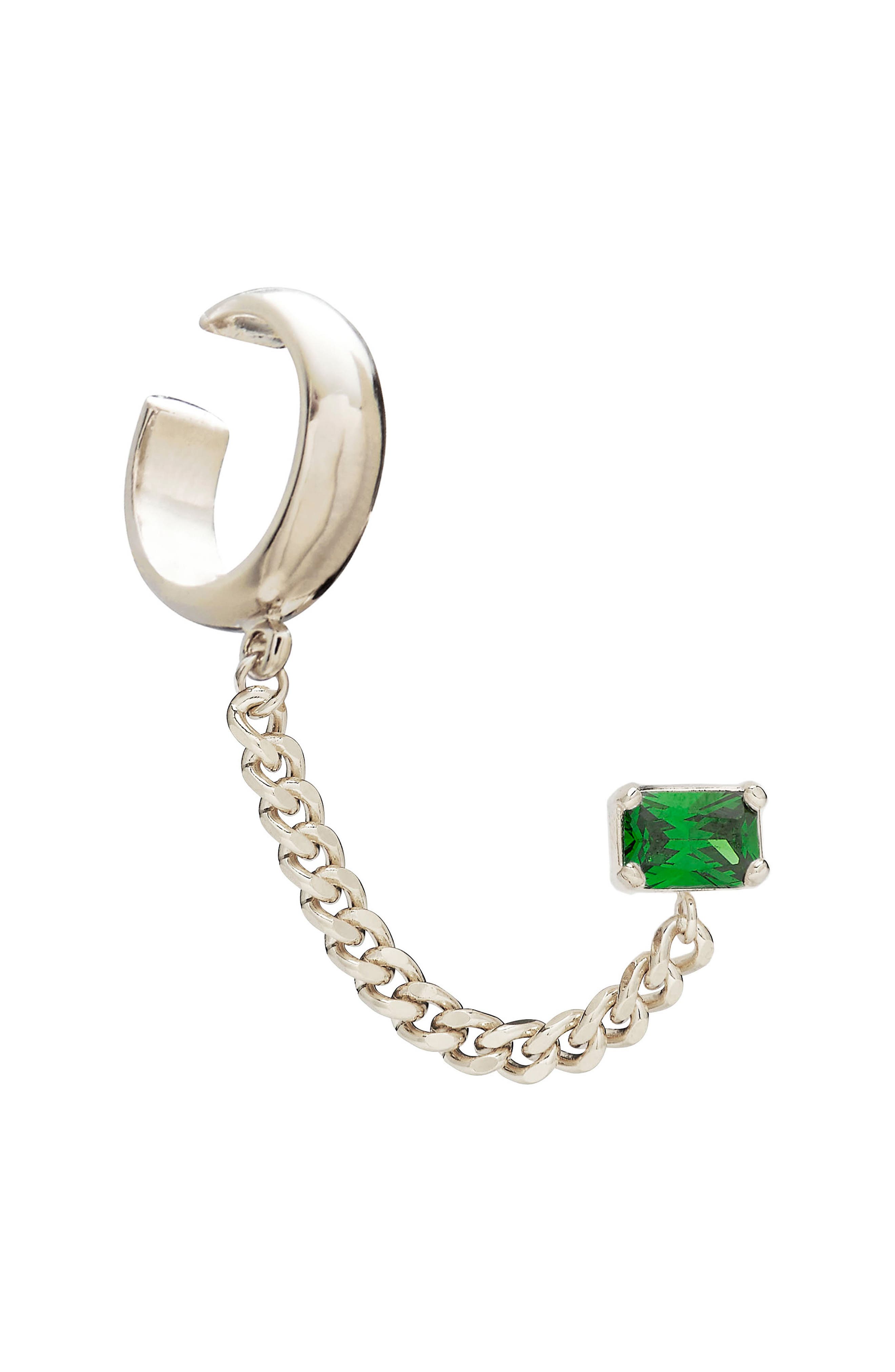 Lady Grey Cubic Zirconia Tether Chain Cuff Earring in Silver/Green 