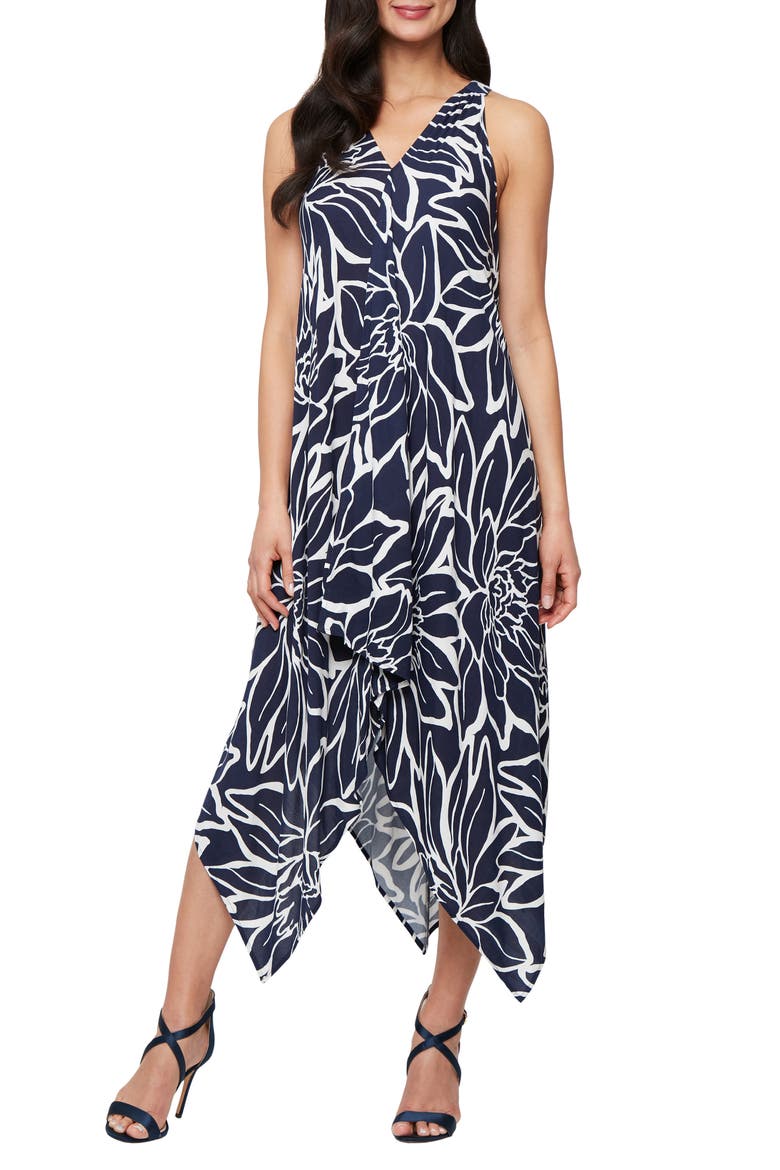 Floral Sleeveless Handkerchief Hem Midi Dress, Main, color, NAVY IVORY