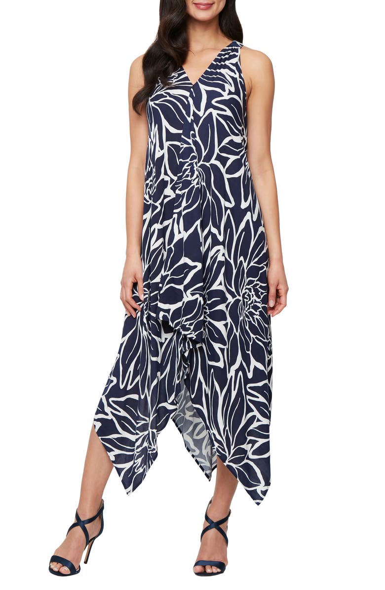 SL FASHIONS Floral Sleeveless Handkerchief Hem Midi Dress, Main, color, Navy Ivory