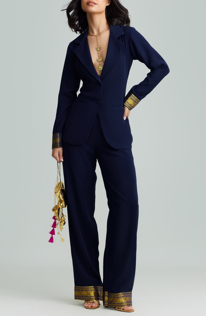 holiCHIC Mila Metallic Contrast Cuff Blazer, Alternate, color, Navy Blue