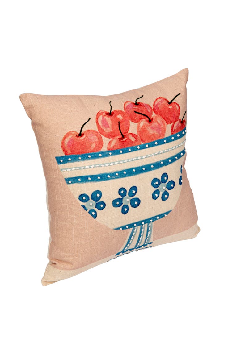 Cotton Printed Slub Pillow with Fruit Bowl, Embroidery and French Knots, Multicolor, Alternate, color, Pink
