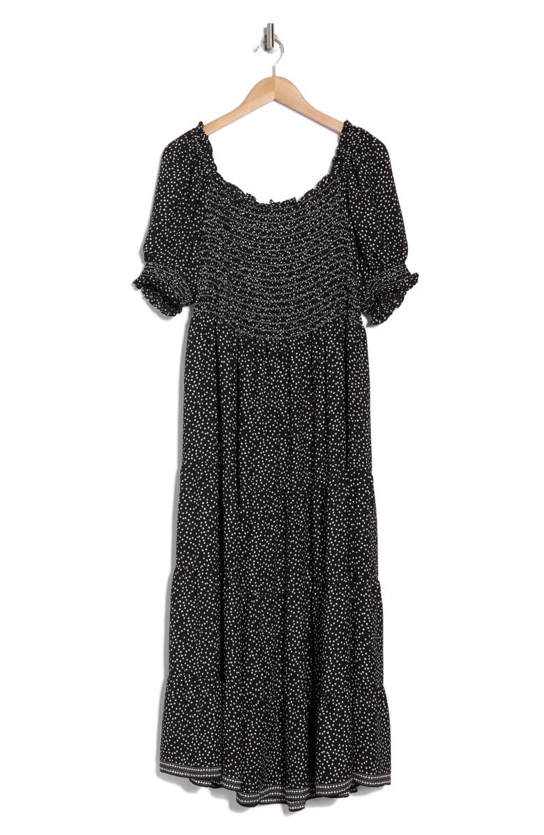 MAX STUDIO Smocked Short Sleeve Tiered Maxi Dress, Alternate, color, Black/ Ivory Random Dot