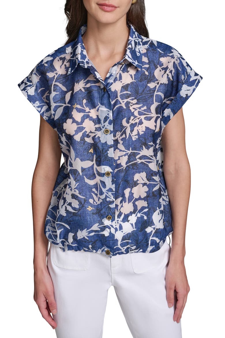 Floral Bungee Waist Button-Up Shirt, Main, color, MIDNIGHT NAVY/ SOFT WHITE
