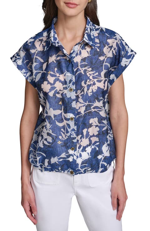 Floral Bungee Waist Button-Up Shirt