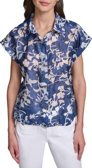 KARL LAGERFELD PARIS Floral Bungee Waist Button-Up Shirt