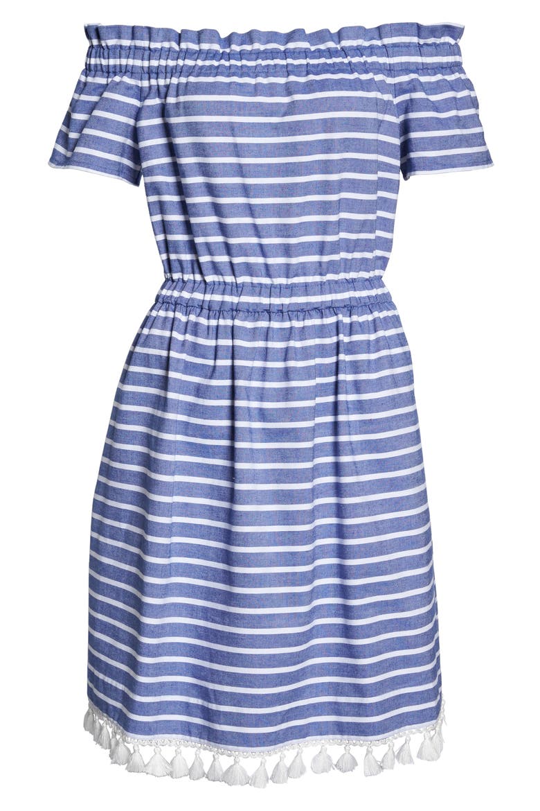 Stripe Off the Shoulder Dress, Alternate, color, NAVY/ IVORY