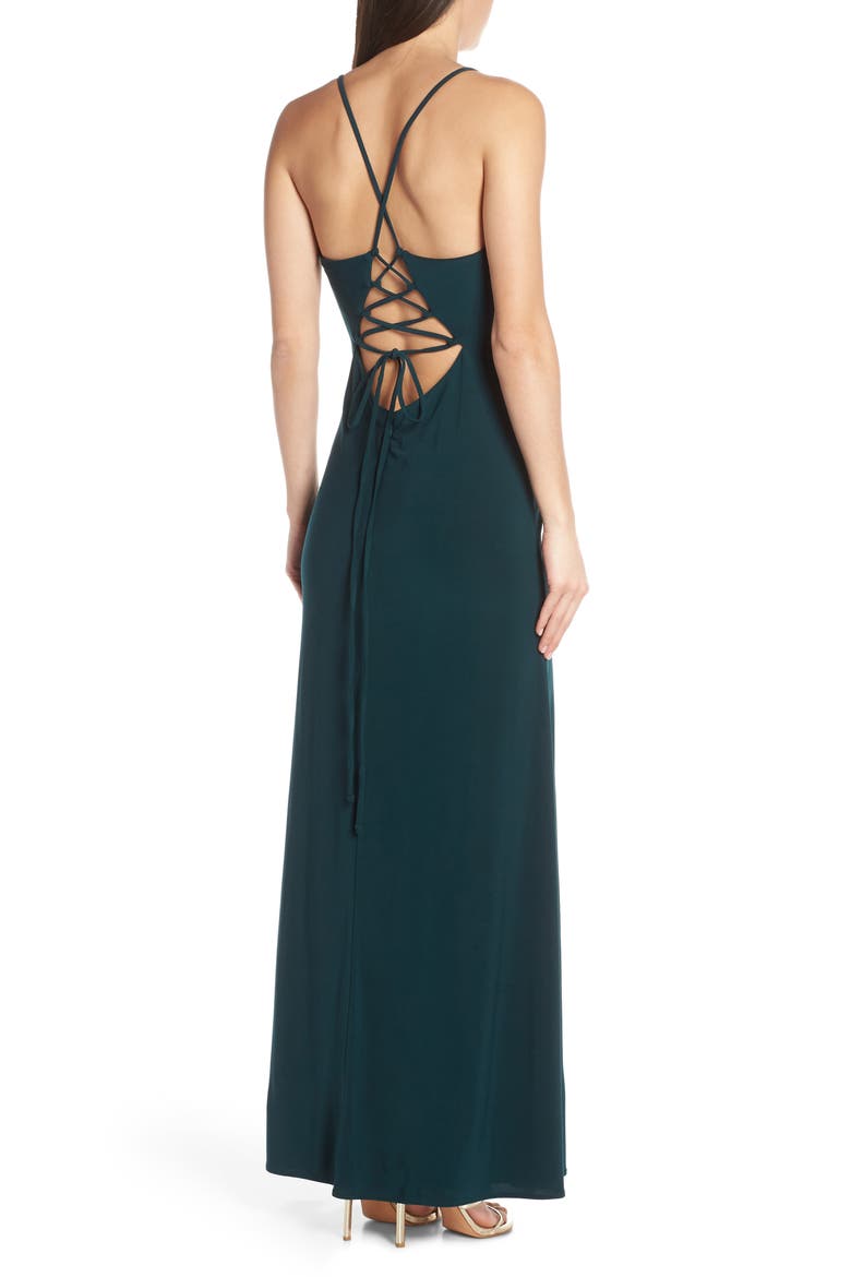 Lace-Up Back Evening Dress, Alternate, color, DARK GREEN