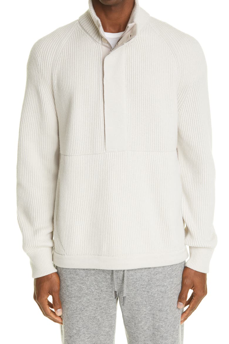 Rib Quarter Zip Cashmere Pullover, Main, color, WHITE