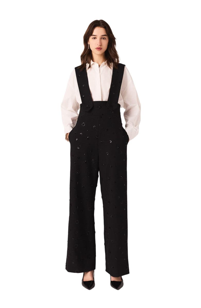 maje Embroidered trousers with braces, Alternate, color, Black