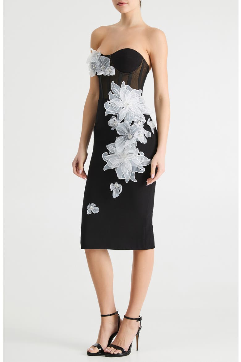 Rowan Floral Appliqué Strapless Cocktail Dress, Alternate, color, BLACK/ WHITE